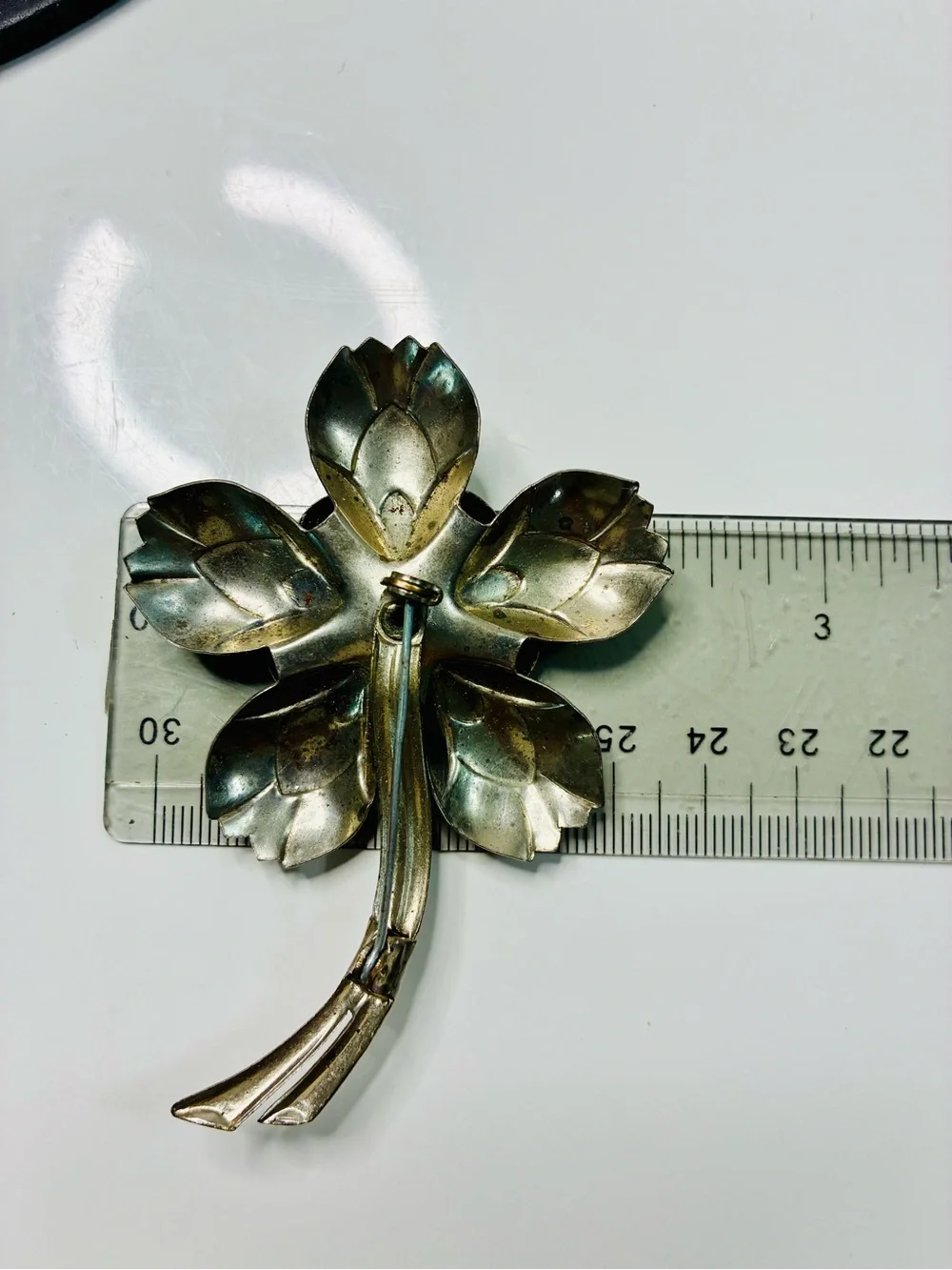 Vintage Estate Heirloom Flower Brooch with Green Glass Center
